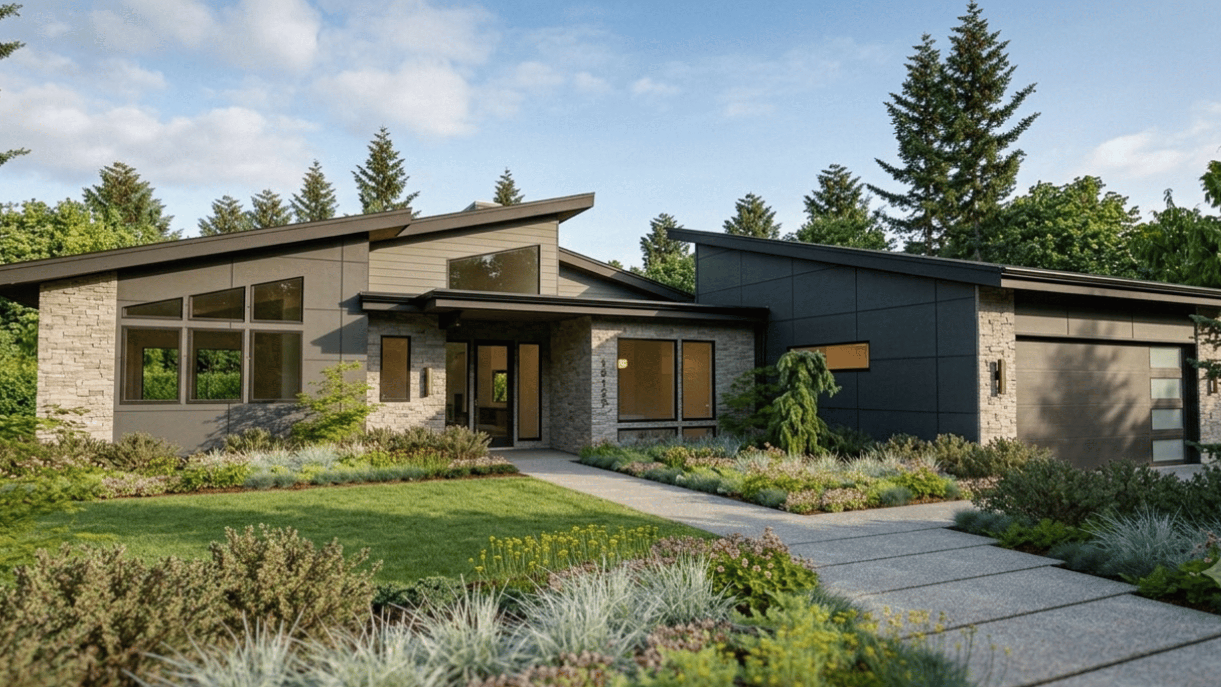 The Stillwater - exterior rendering of a 1,867 sq ft single-story modern home with a covered deck