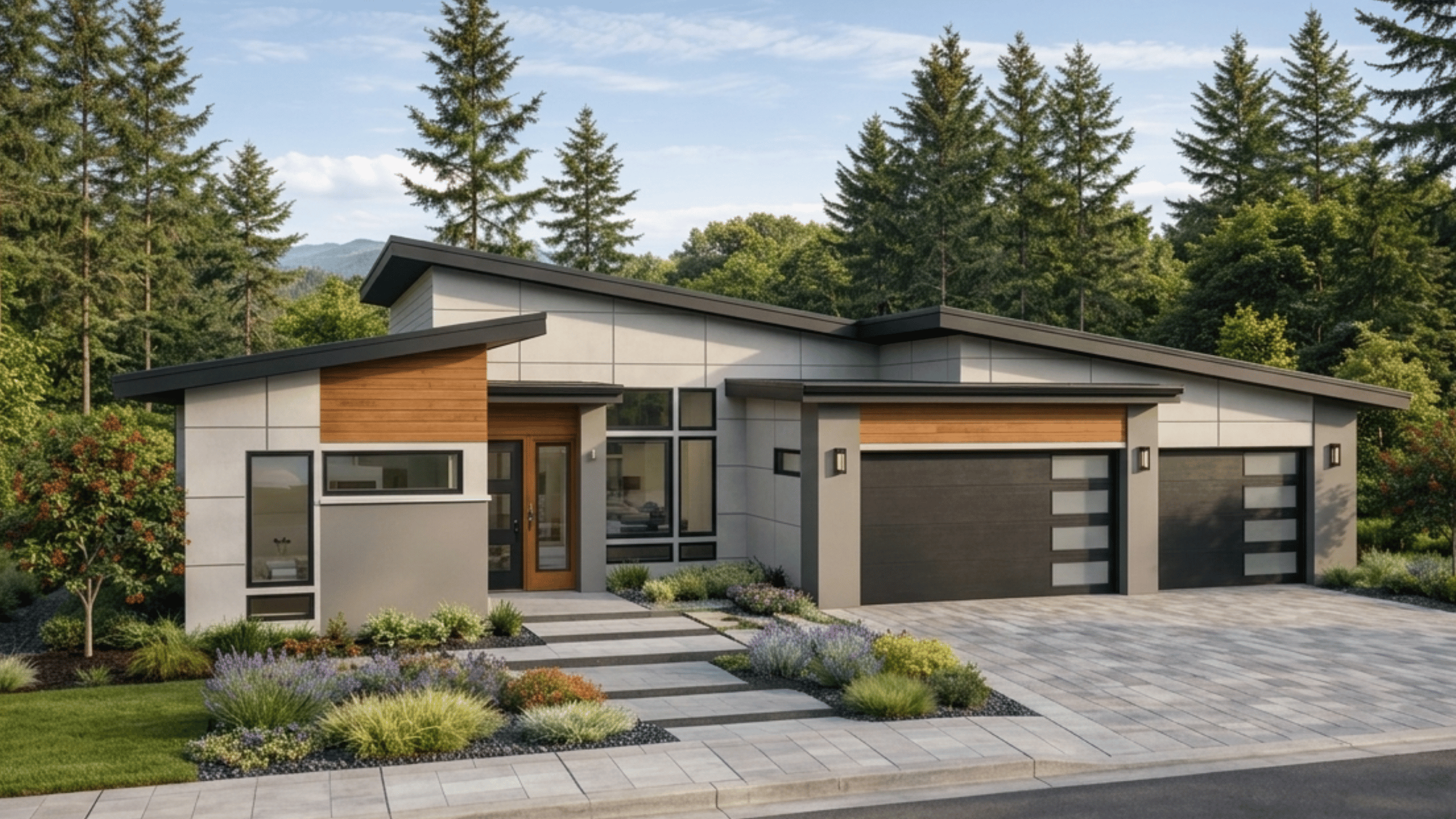 The Vanguard - exterior rendering of a 2,990 sq ft single-story modern home with a covered patio