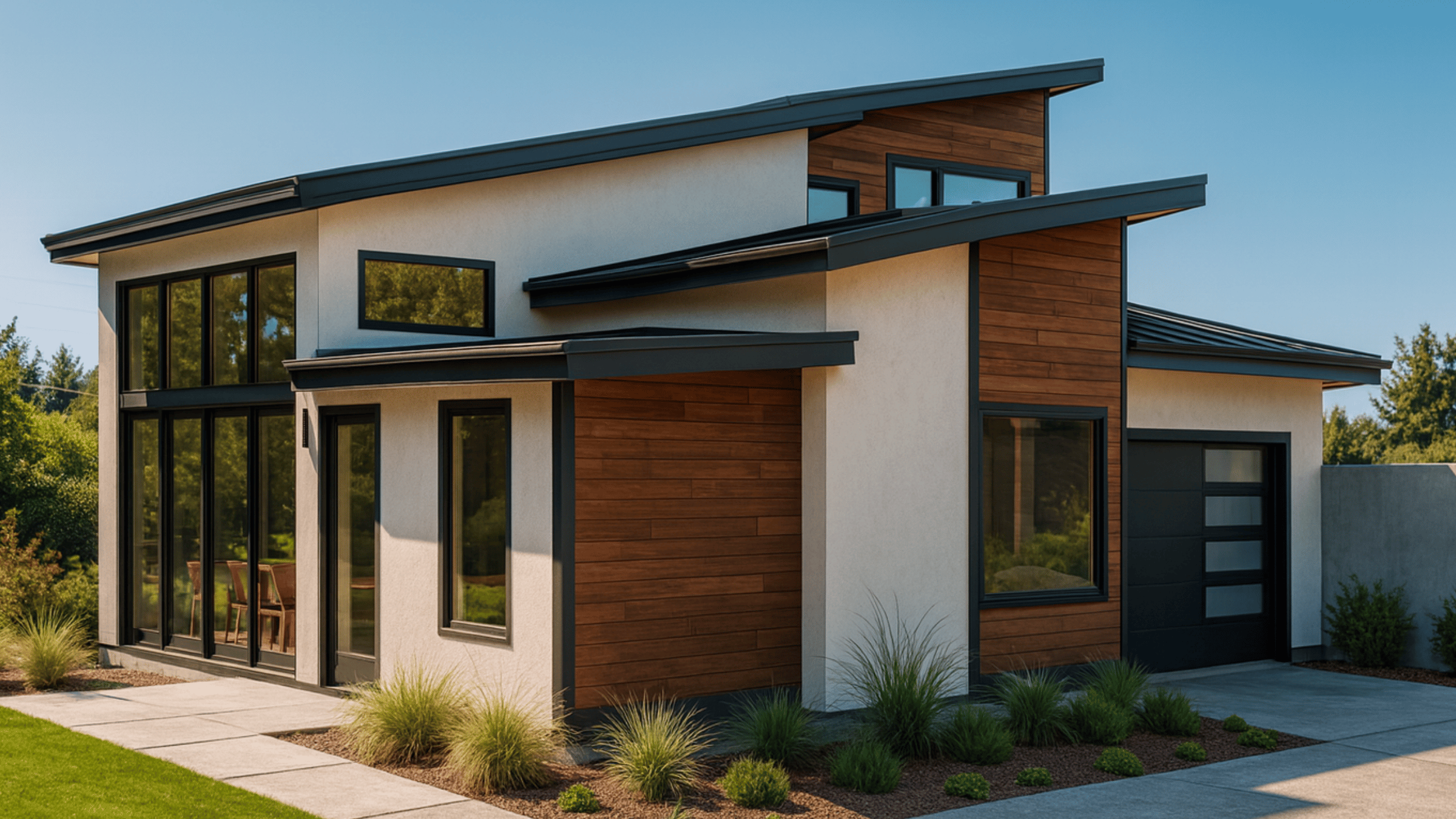 Willowrise - exterior rendering of a 797 sq ft two-story modern home with a covered patio and two-car garage