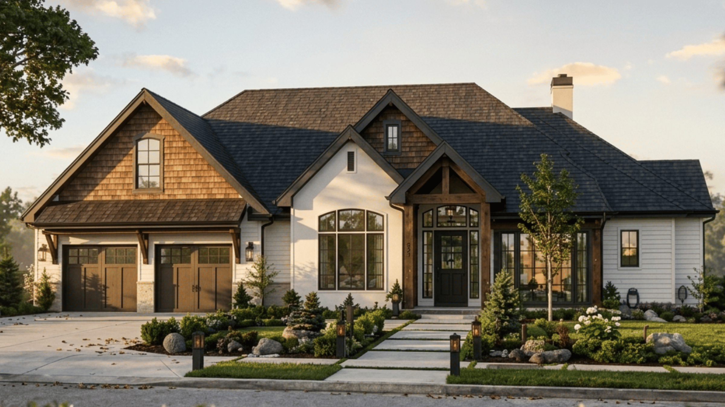 The Foundry - exterior rendering of a 3,137 sq ft single-story timberframe home with a bonus room above the garage
