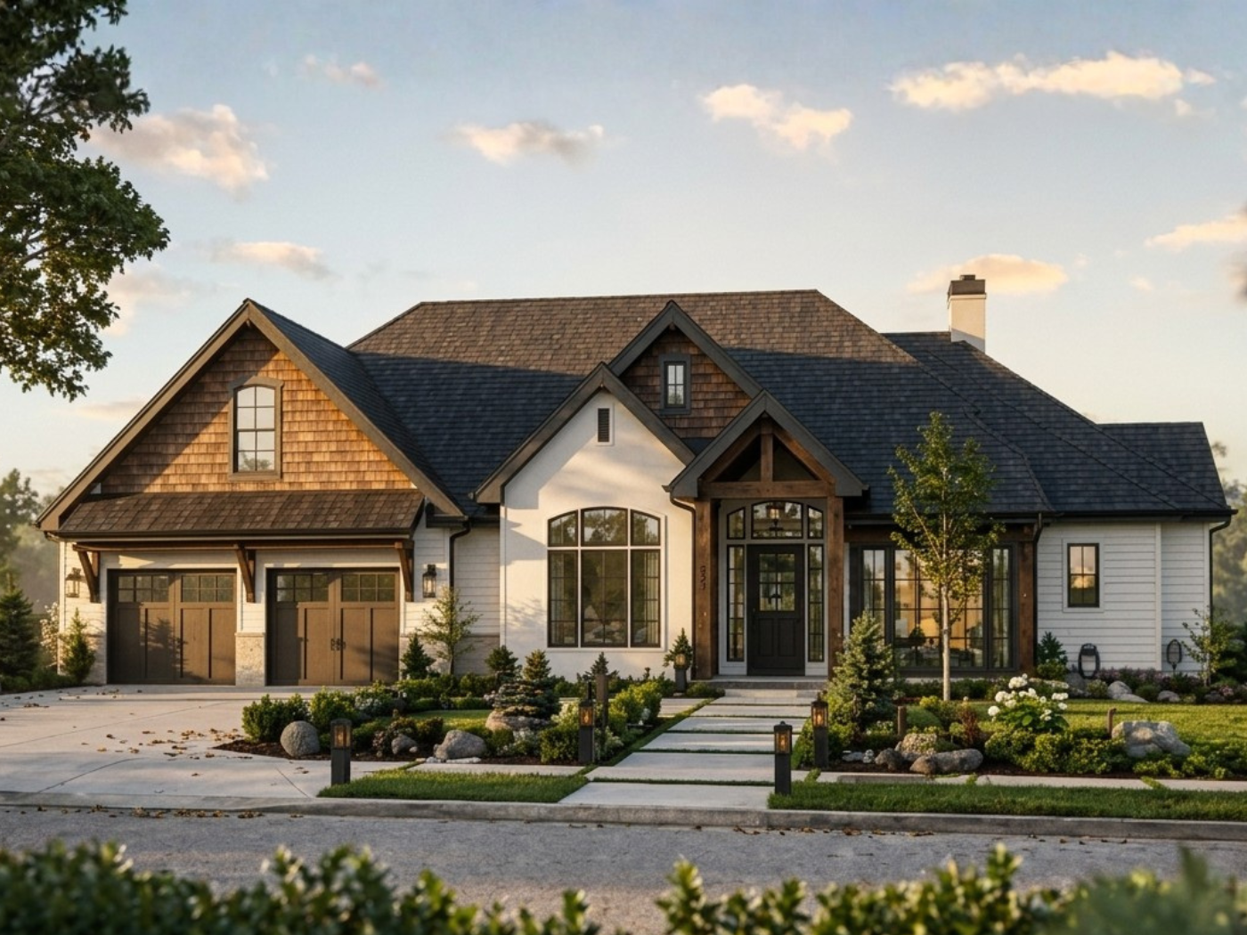The Foundry - exterior rendering of a 3,137 sq ft single-story timberframe home