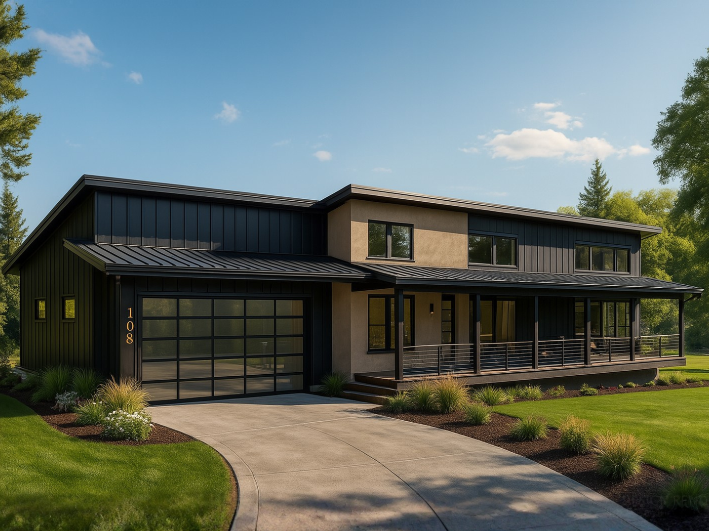 The Sable Vista - exterior rendering of a 1,499 sq ft single-story Scandinavian modern home