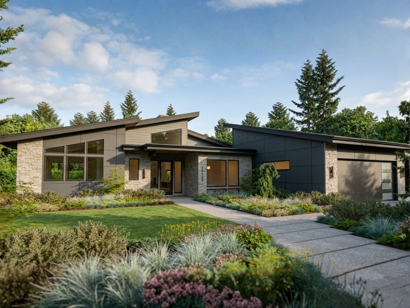 The Stillwater - exterior rendering of a 1,867 sq ft single-story modern home