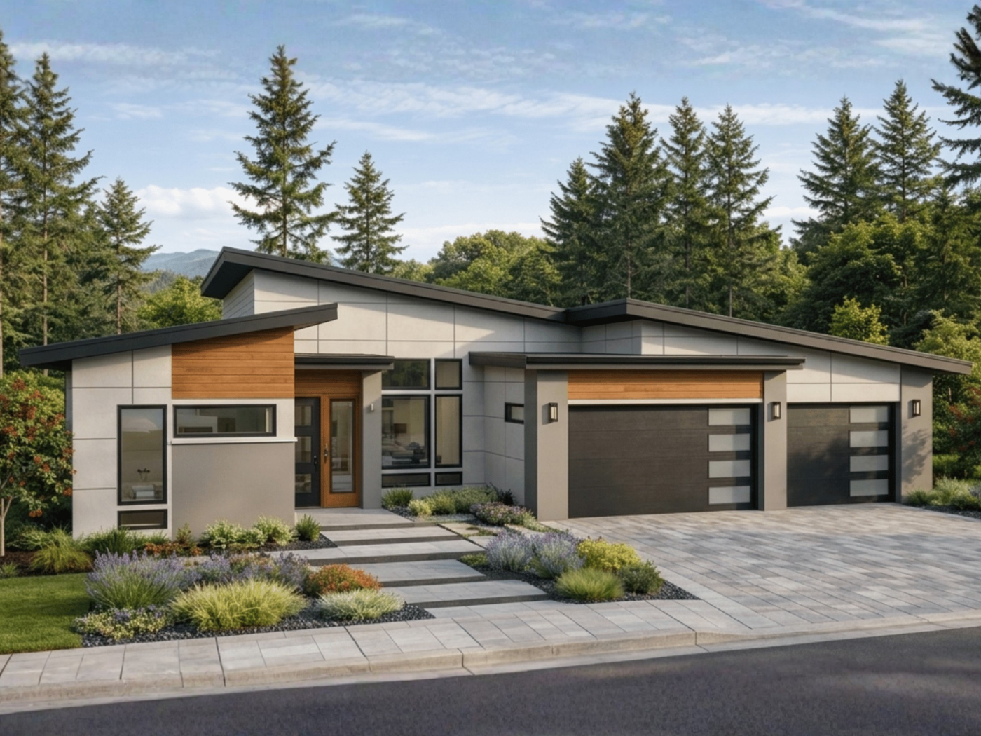 The Vanguard - exterior rendering of a 2,990 sq ft single-story modern home