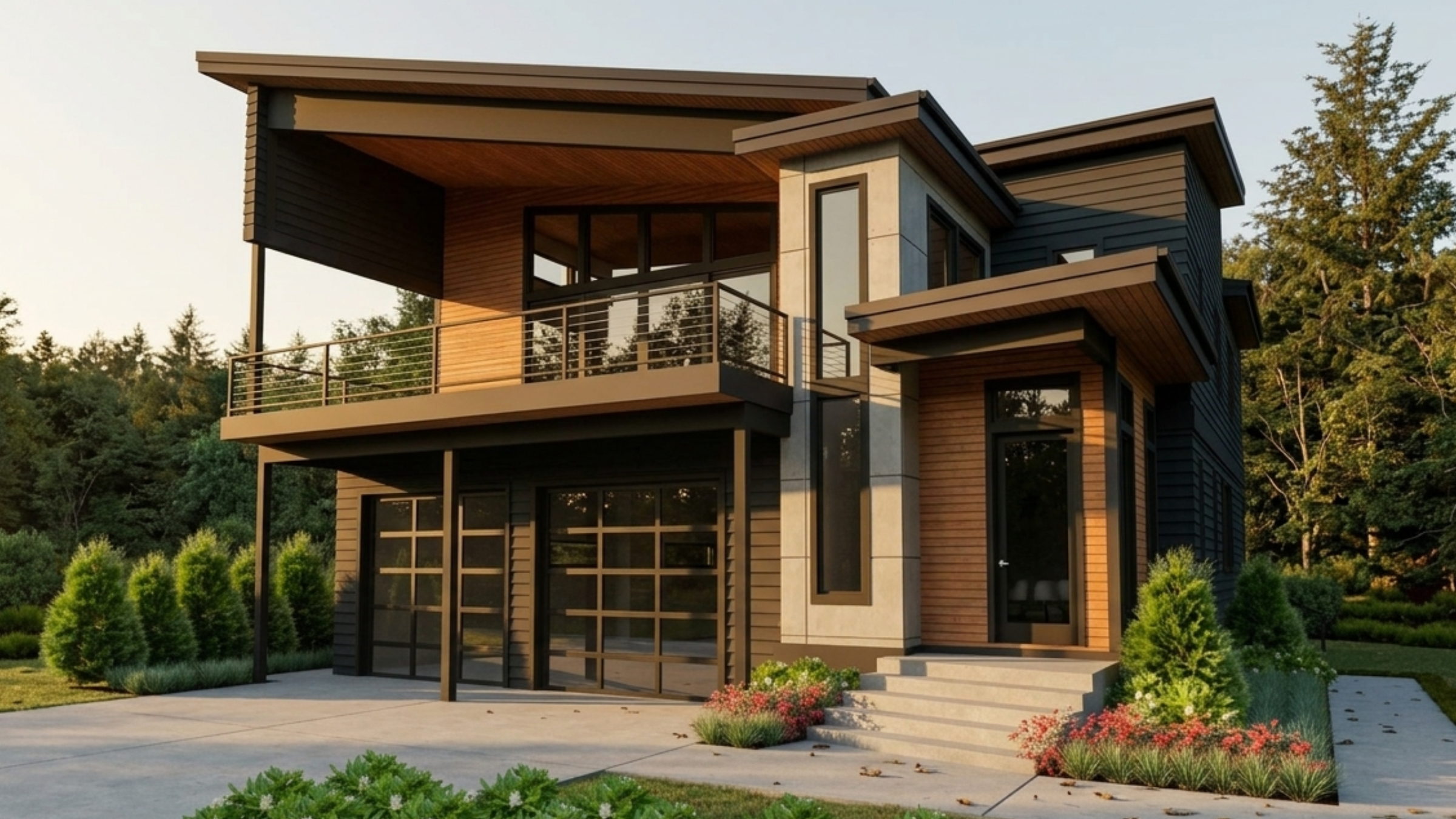 The Pamona - exterior rendering of a 2,562 sq ft two-story home with a lower-level ADU and covered deck