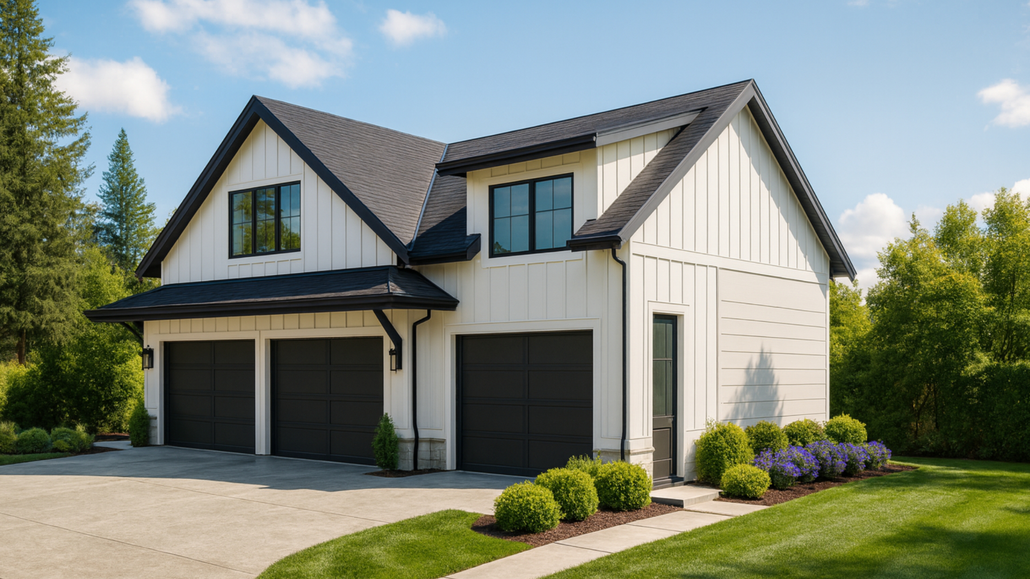 Columbia Crest - exterior rendering of a 1,089 sq ft one-bedroom modern farmhouse residence above a three-car garage