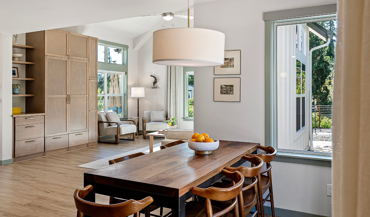 Living room seating area in a completed Hilson Homes build in Steilacoom, Washington