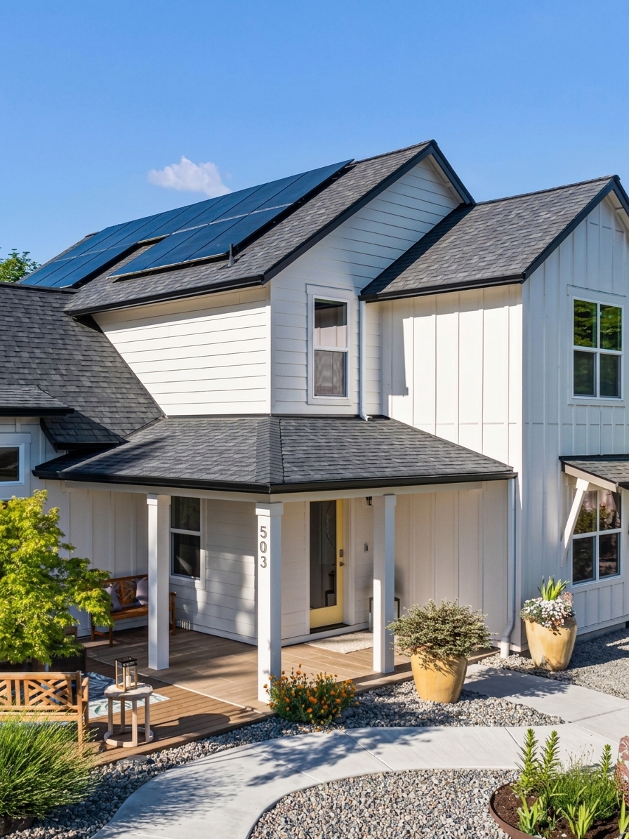 White board-and-batten modern farmhouse with rooftop solar panels and a covered front porch
