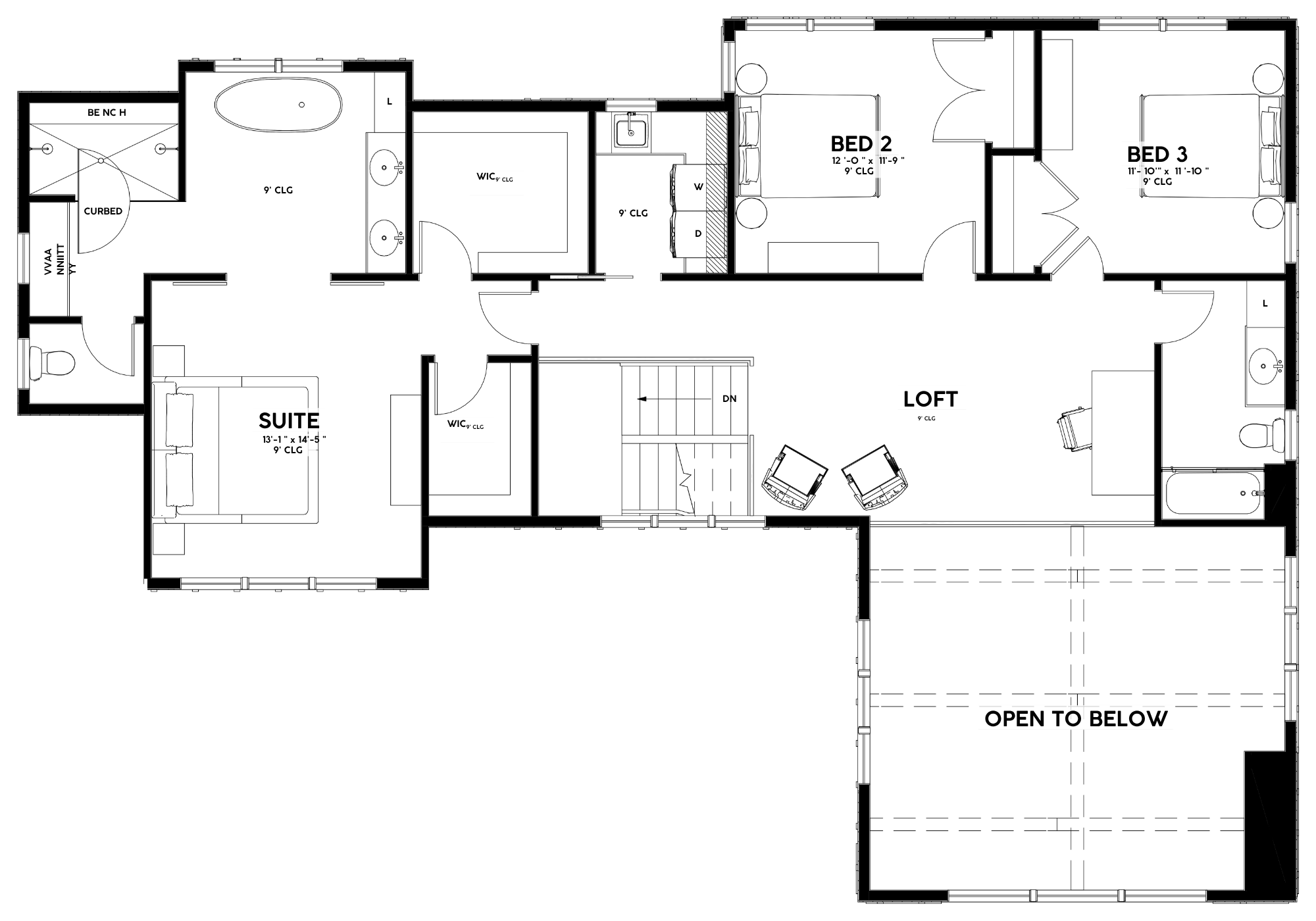 Glass Gable floor plan - 2,642 sq ft, 3 bedroom, 2.5 bathroom (upper level)