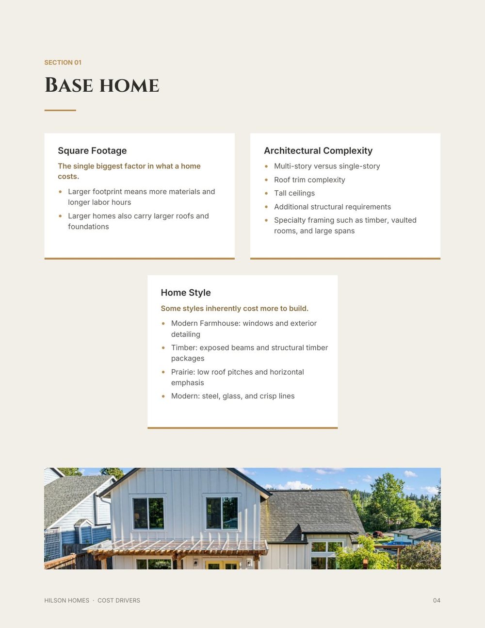 Base home cost drivers page from the guide