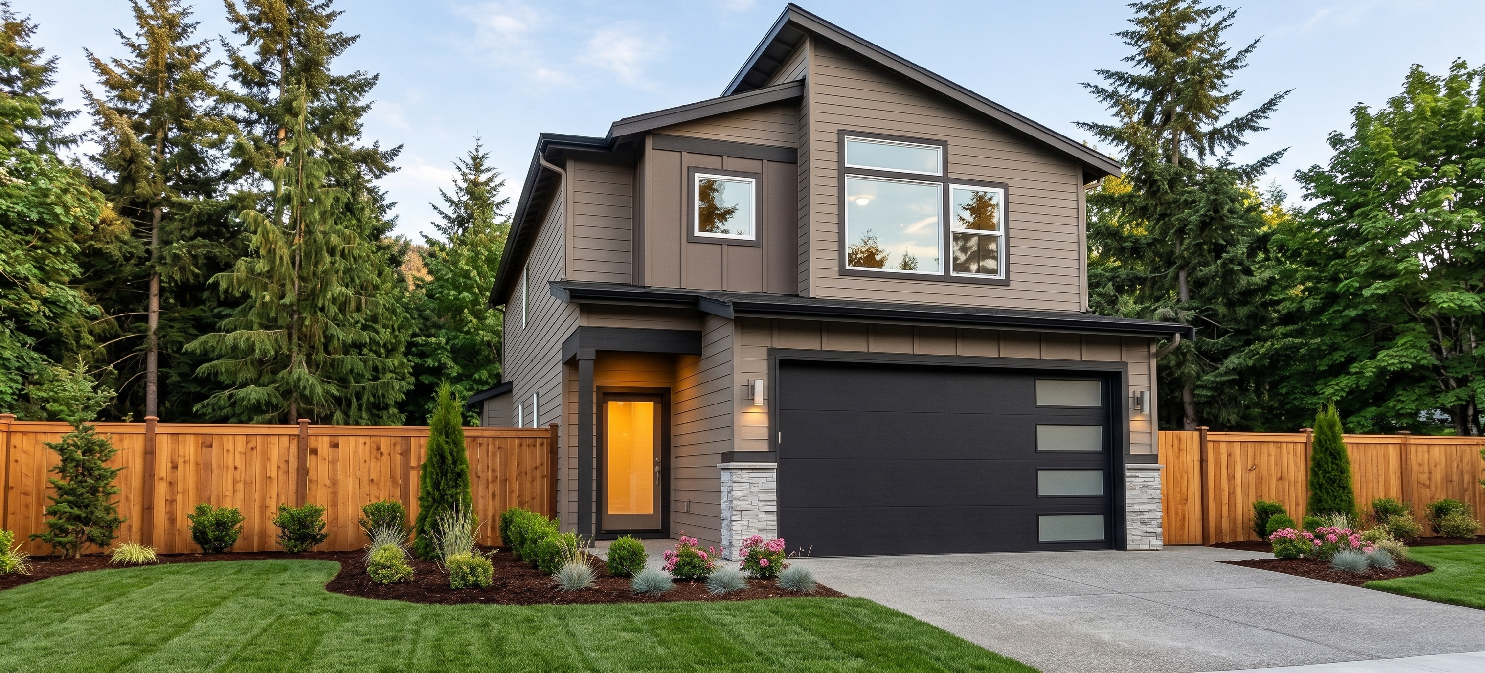 Dooley - exterior rendering of a 1,665 sq ft two story modern home with a front two car garage