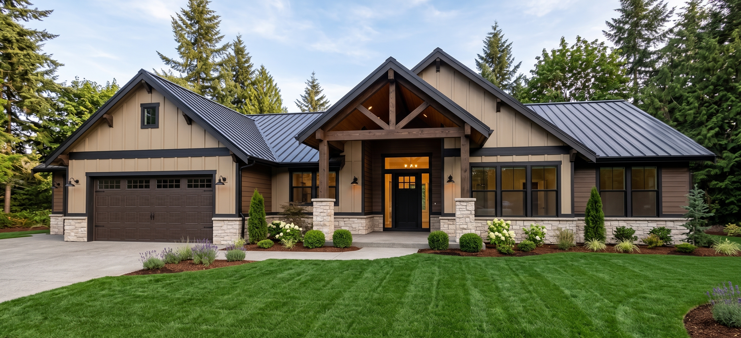 Oak Bend - exterior rendering of a 2,035 sq ft single story timber home with a 3 car garage