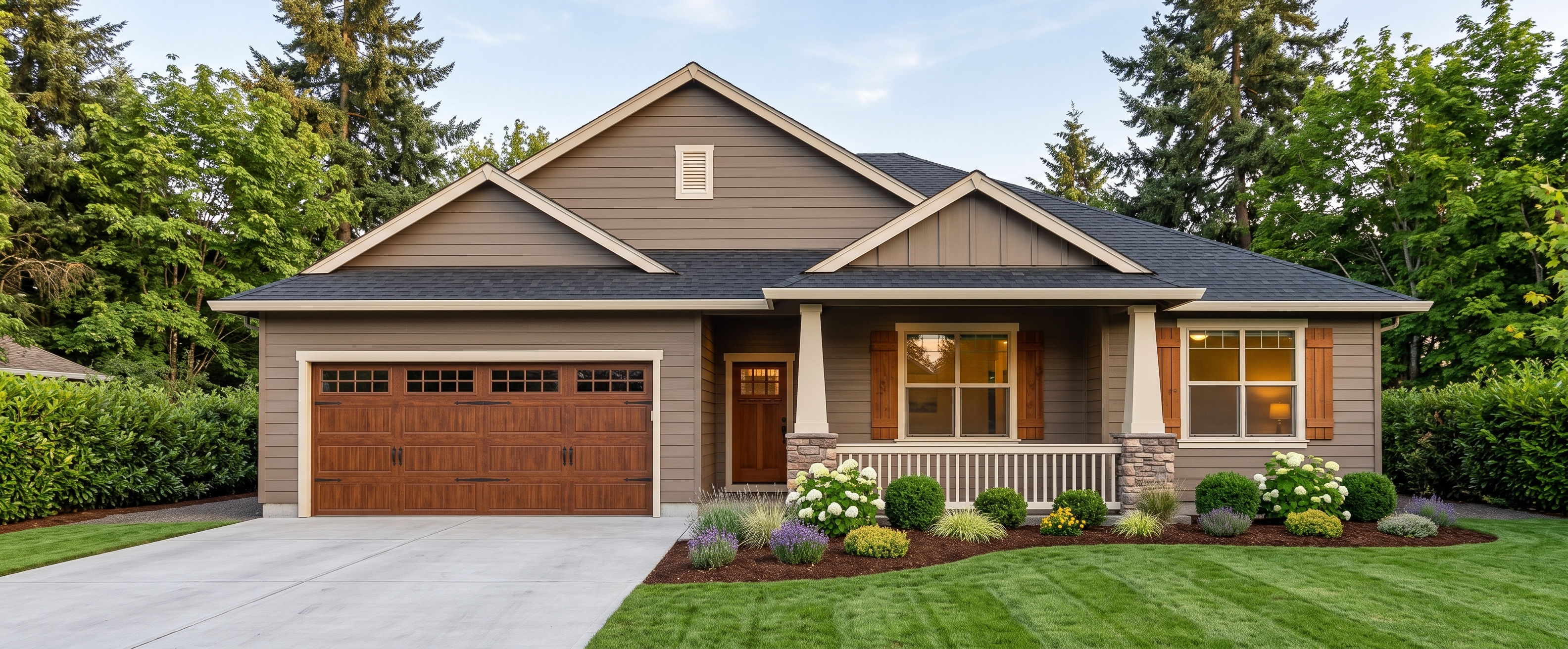 Memory - exterior rendering of a 1,674 sq ft single story traditional home with a covered front porch and two car garage