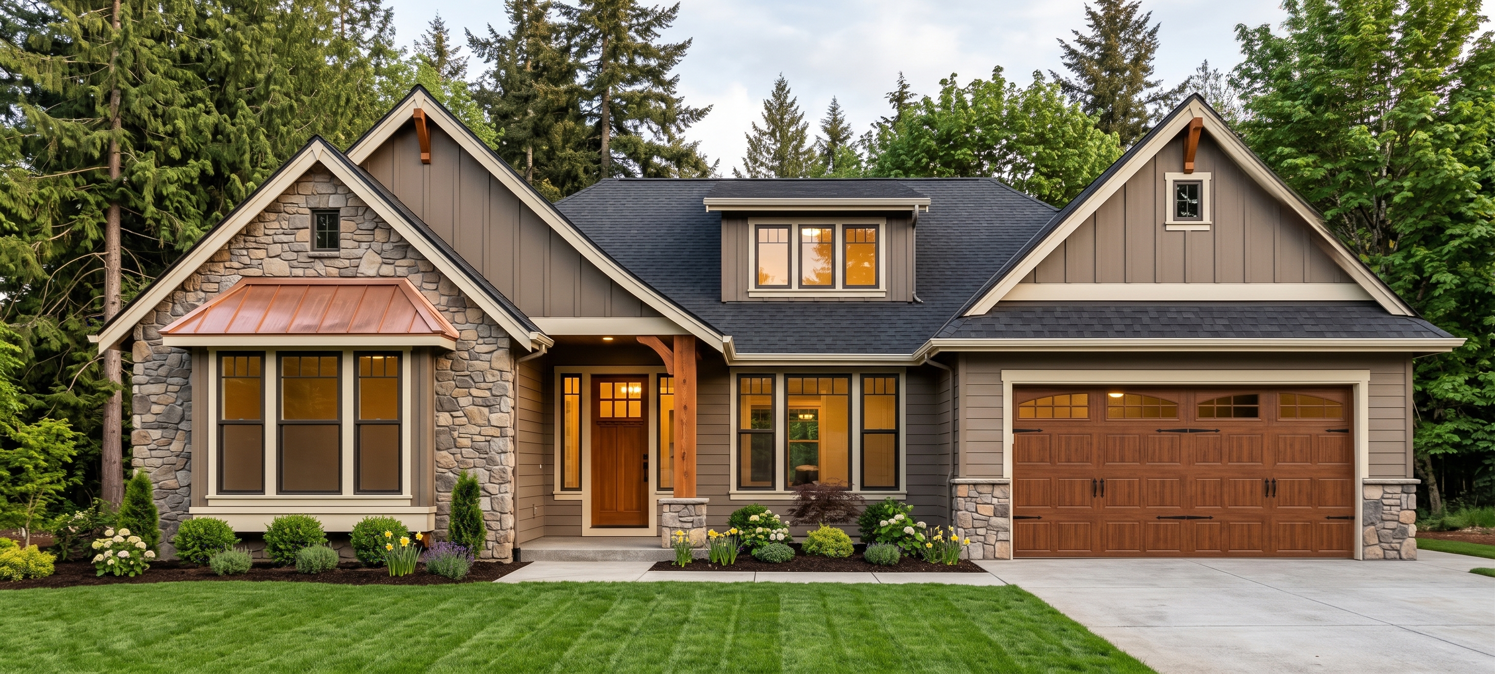 Abercorn - exterior rendering of a 2,201 sq ft single story traditional home with a 2 car garage