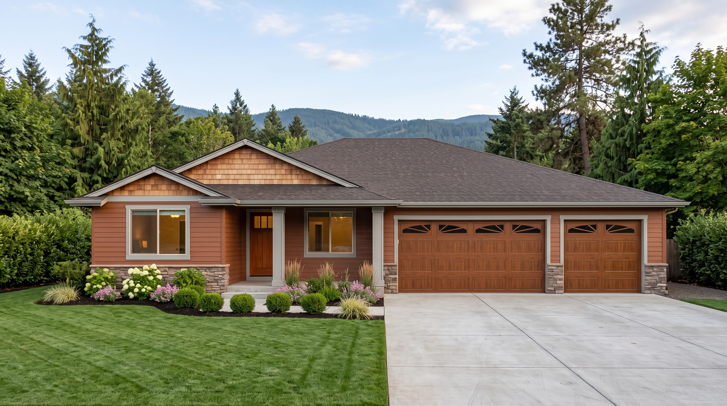 Cambridge - exterior rendering of a 2,105 sq ft single story traditional home with a 3 car garage