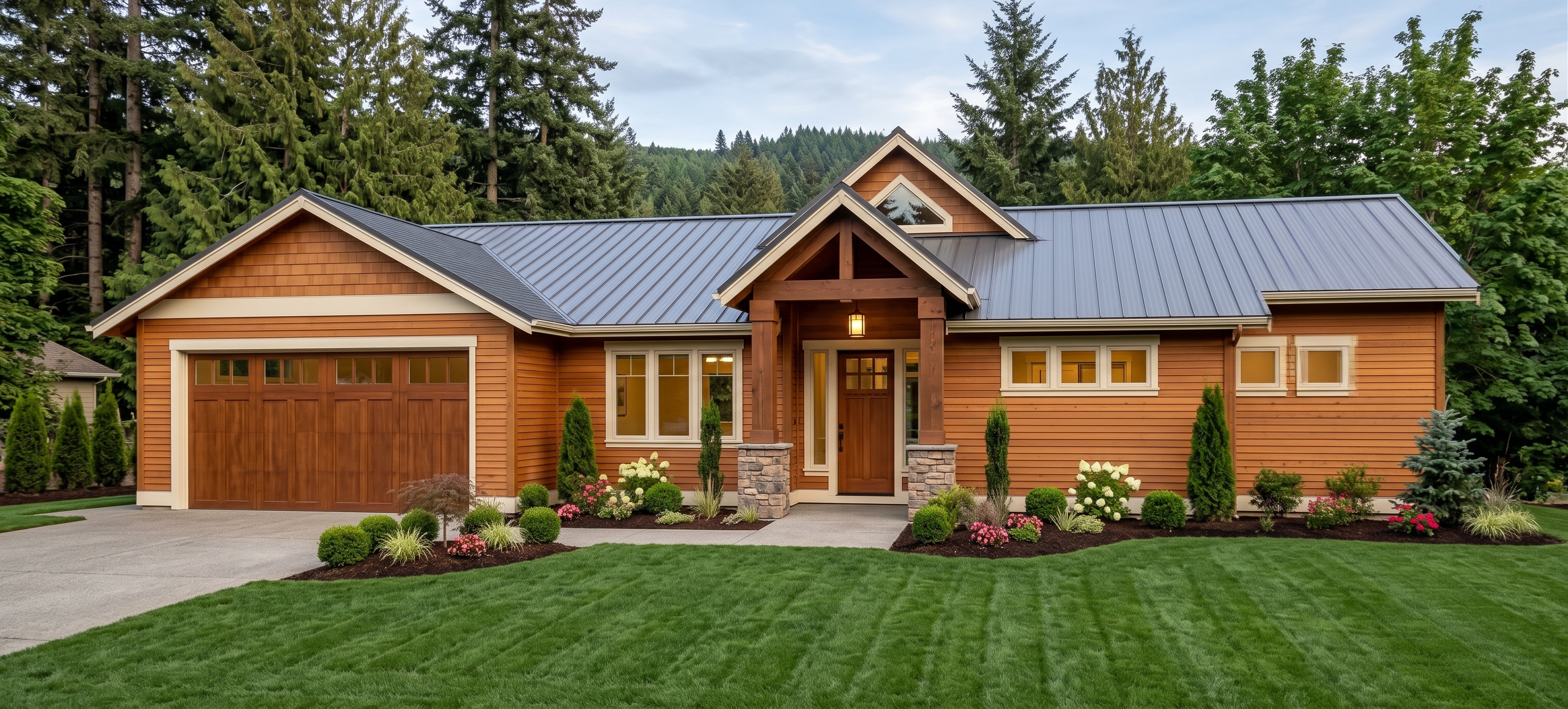 Silver Oak - exterior rendering of a 2,193 sq ft daylight basement timber home with a 2 car garage