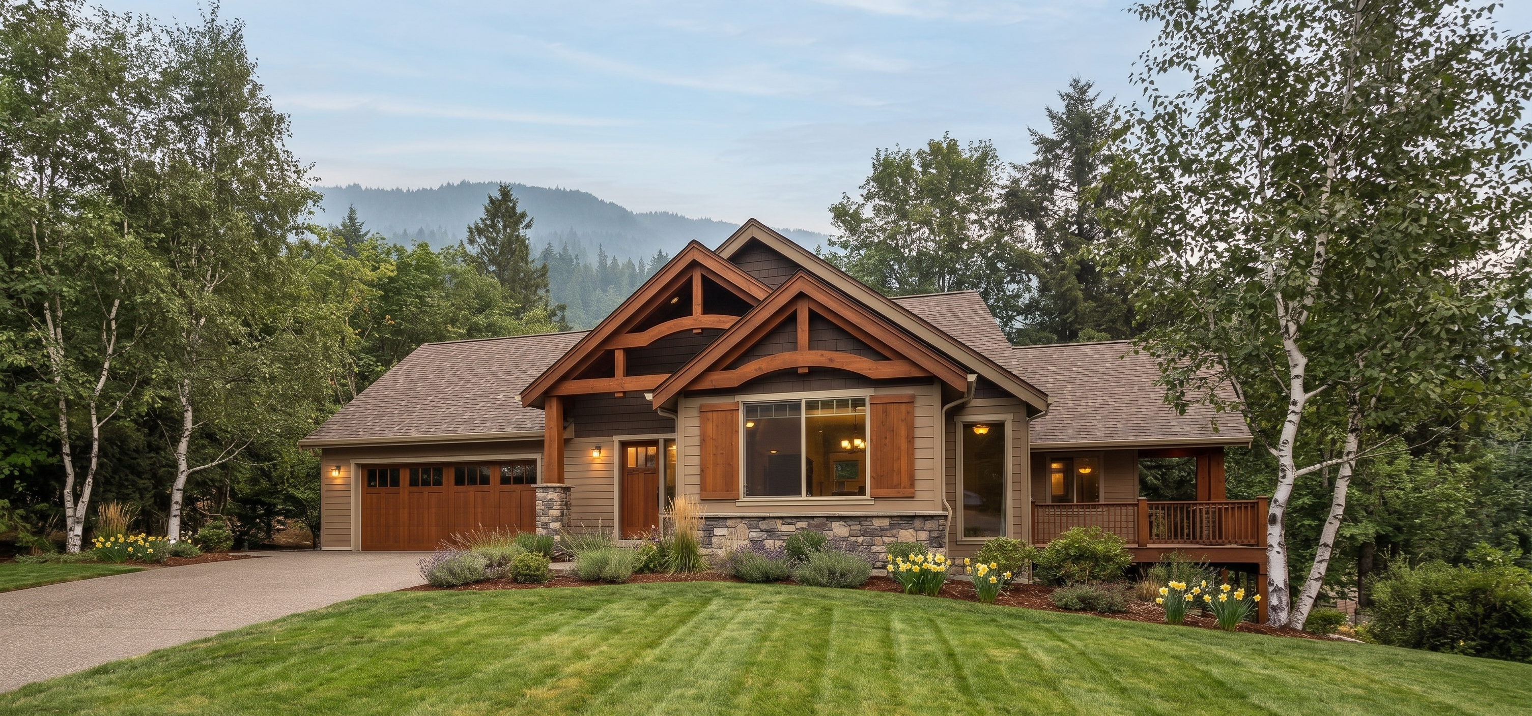 Bancroft - exterior rendering of a 1,835 sq ft daylight basement timber home with a covered entry and two car garage