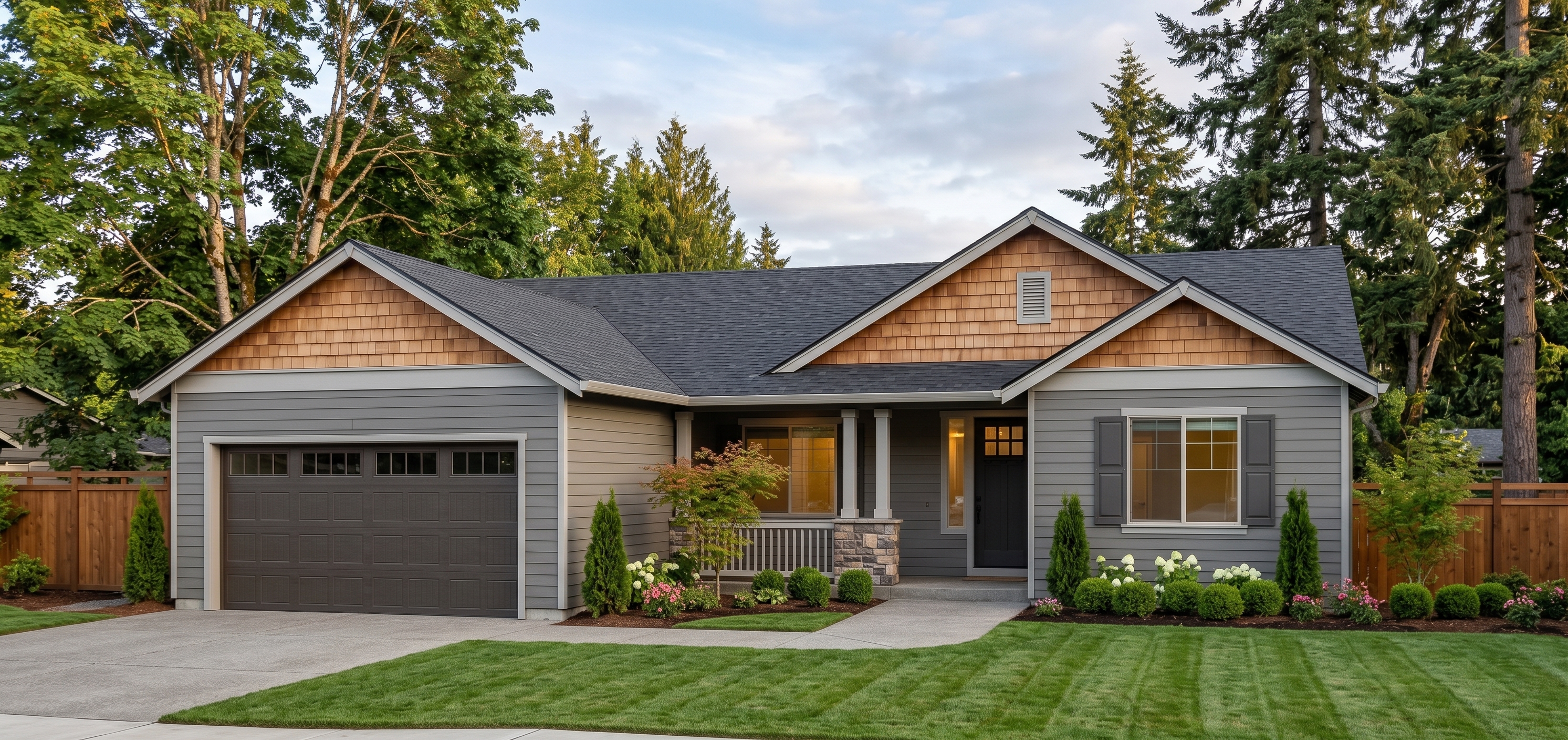 Denmark - exterior rendering of a 1,917 sq ft single story traditional home with a 2 car garage
