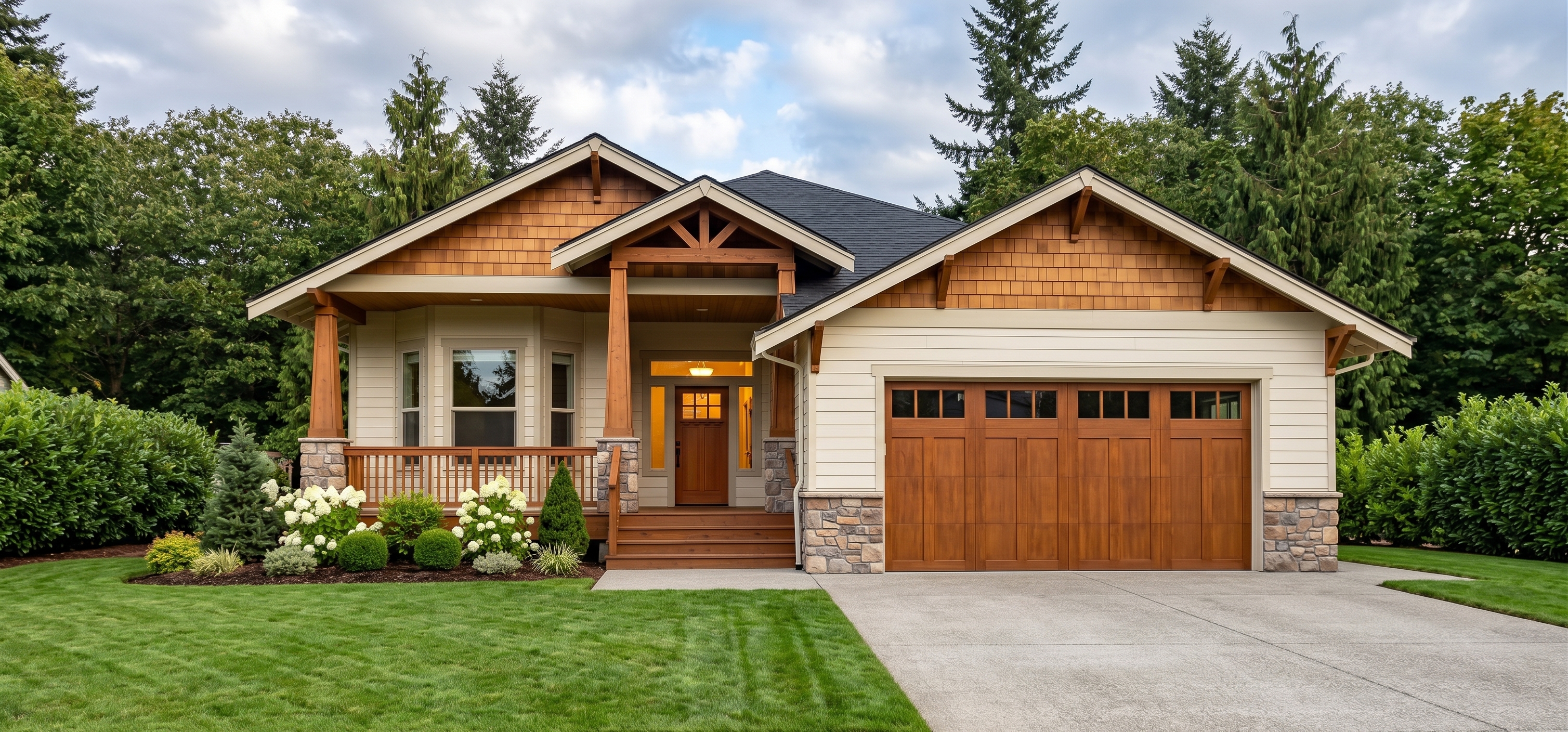Beechwood - exterior rendering of a 1,356 sq ft single story timber home with a covered front porch and two car garage