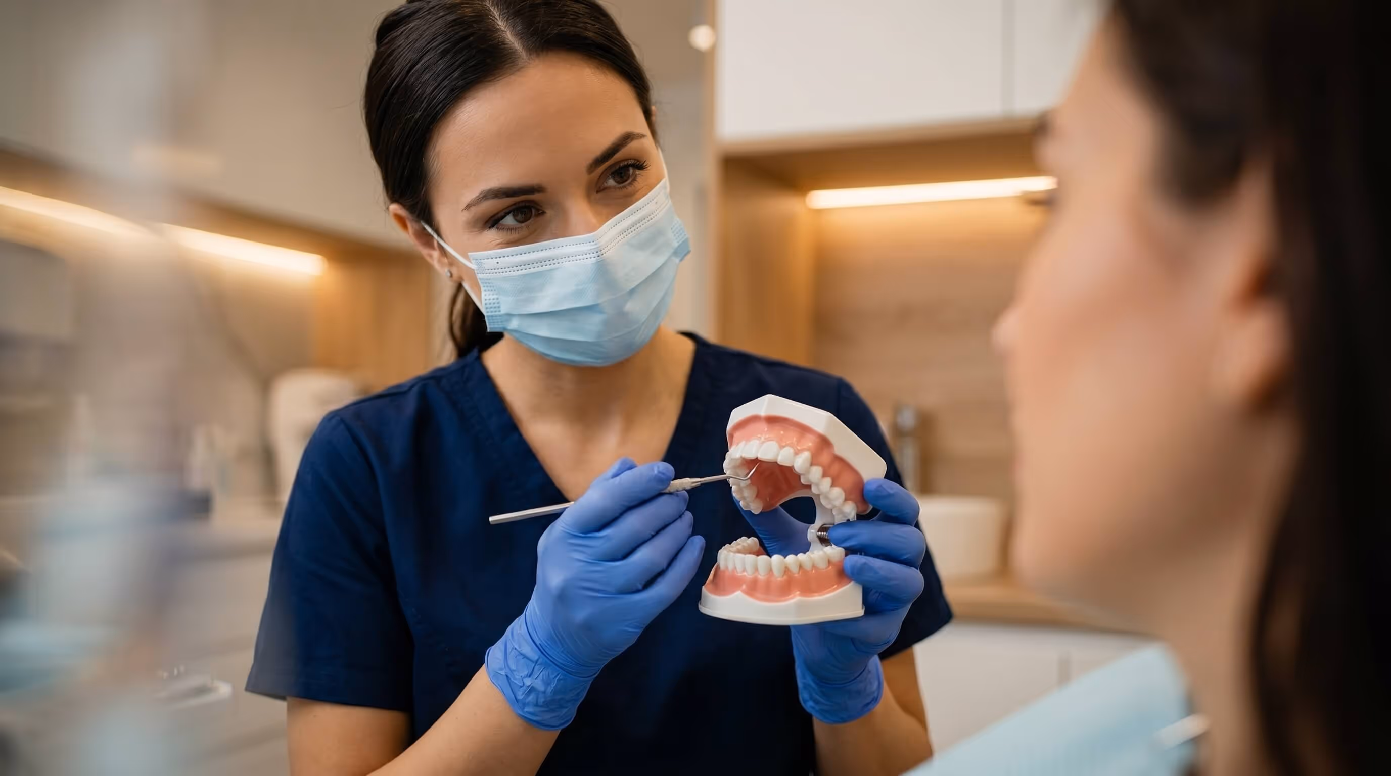 Dentist wearing a mask and gloves demonstrating dental care using a teeth model and a dental tool to a patient.