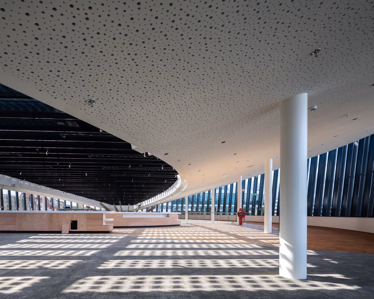 Spacious modern interior with patterned ceiling, large windows casting grid shadows, and white columns.