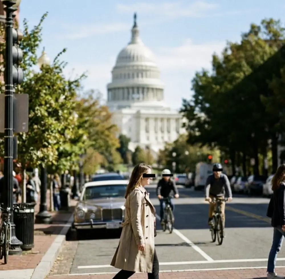 Pedestrians and cyclists on a Washington, D.C. street with the U.S. Capitol dome in the background
