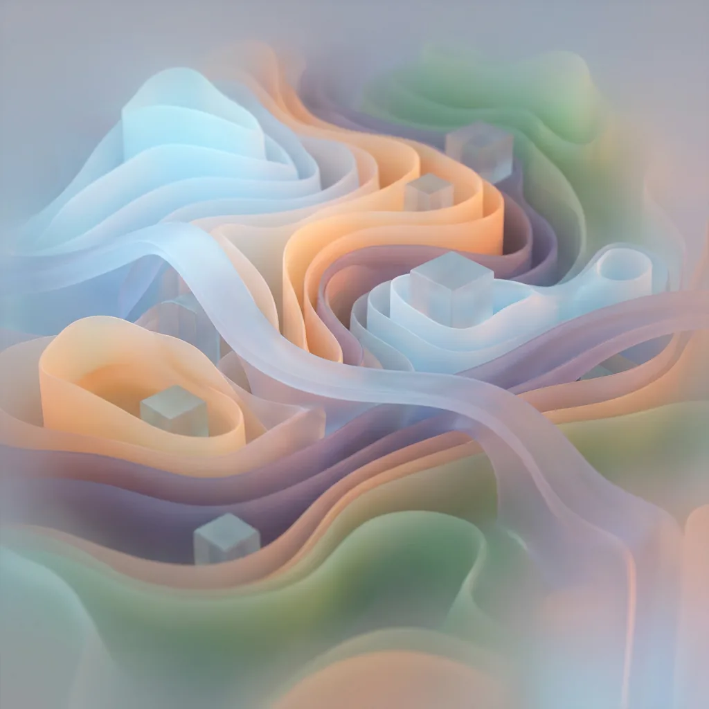 Abstract topographic terrain in pale blue, orange and green with translucent cubes marking positions