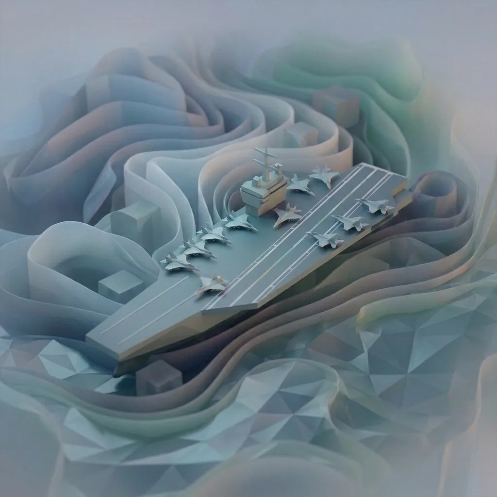 Aircraft carrier with fighter jets on deck, rendered in muted greys within a contoured sea