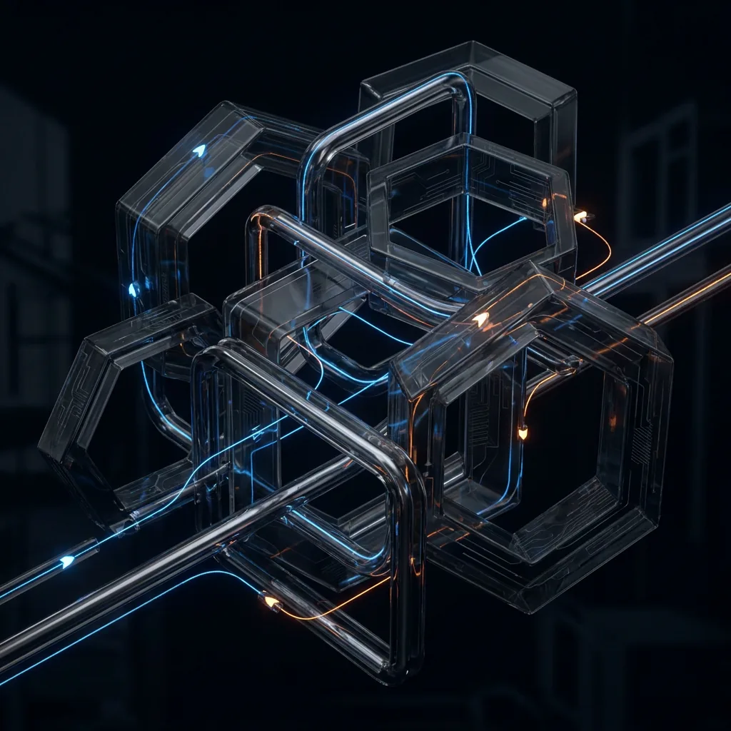 Interlocking transparent structural modules traced with blue and amber circuitry