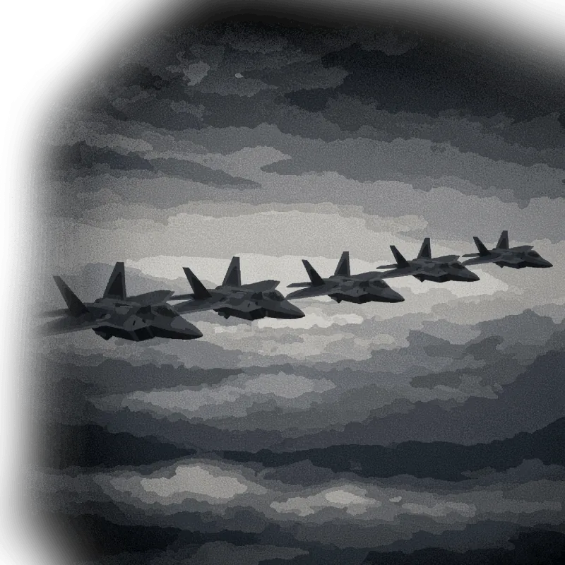 Five fighter jets flying in formation through heavy grey cloud