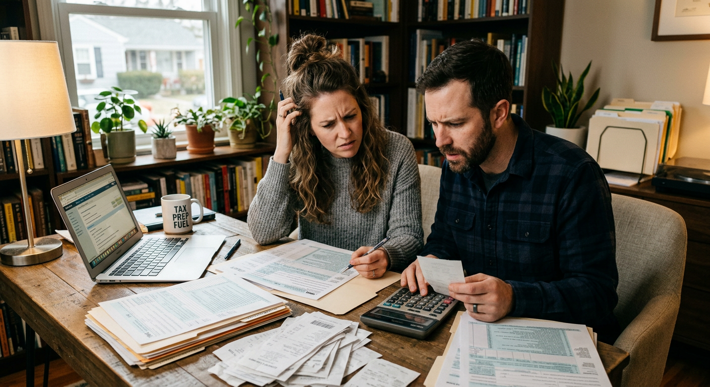 A couple puzzled with the task of tax receipts and organizing for tax preparation.