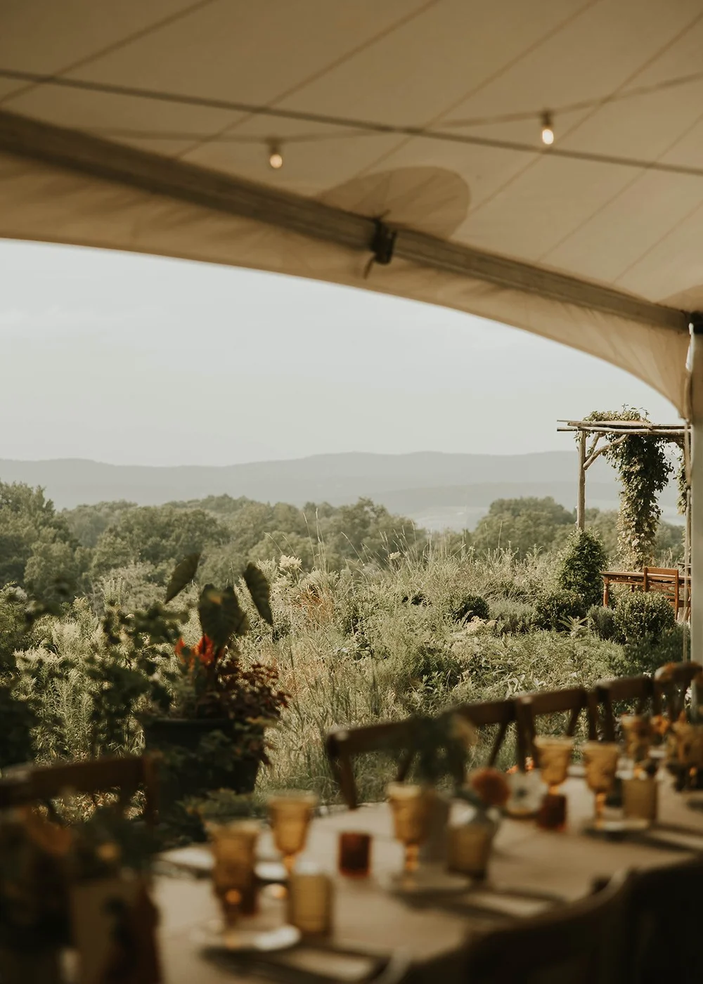 The covered terrace at The Ruins, looking out over the Berkshire hills