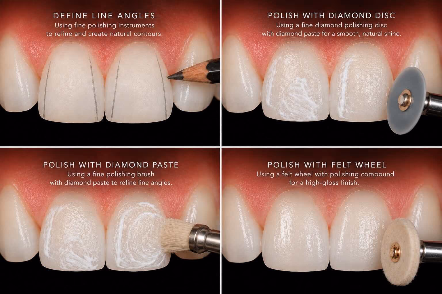 Four polishing steps of composite bonding: defining line angles, diamond disc, diamond paste and felt wheel