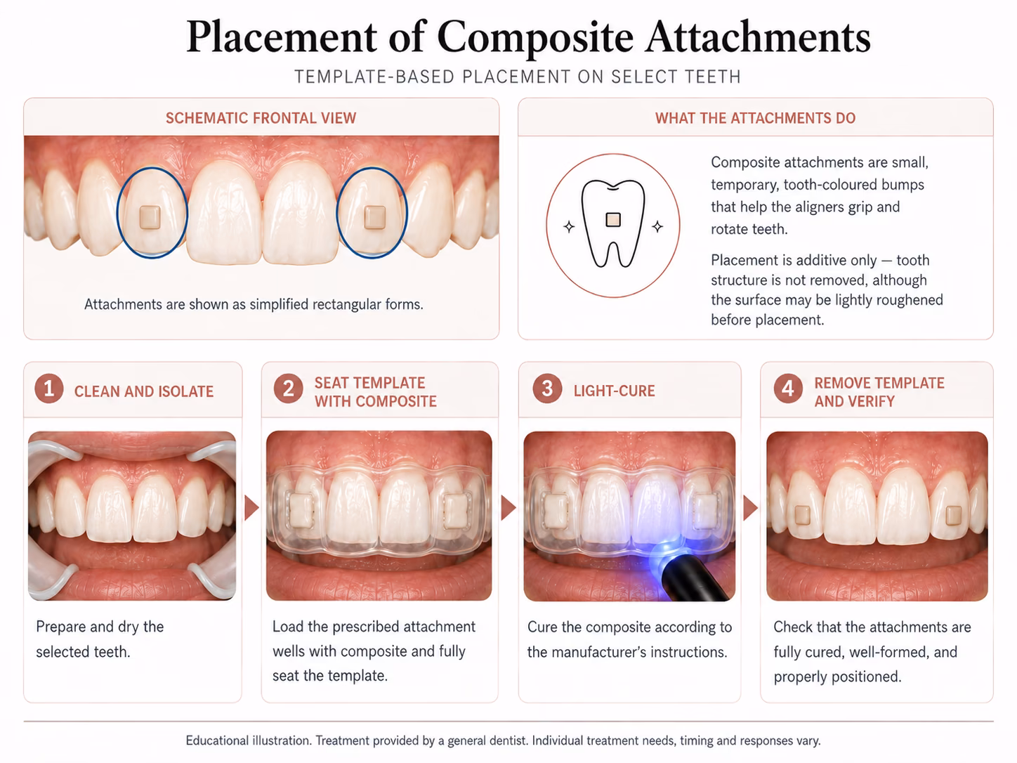 Diagram of composite attachment placement on the teeth using a template tray.