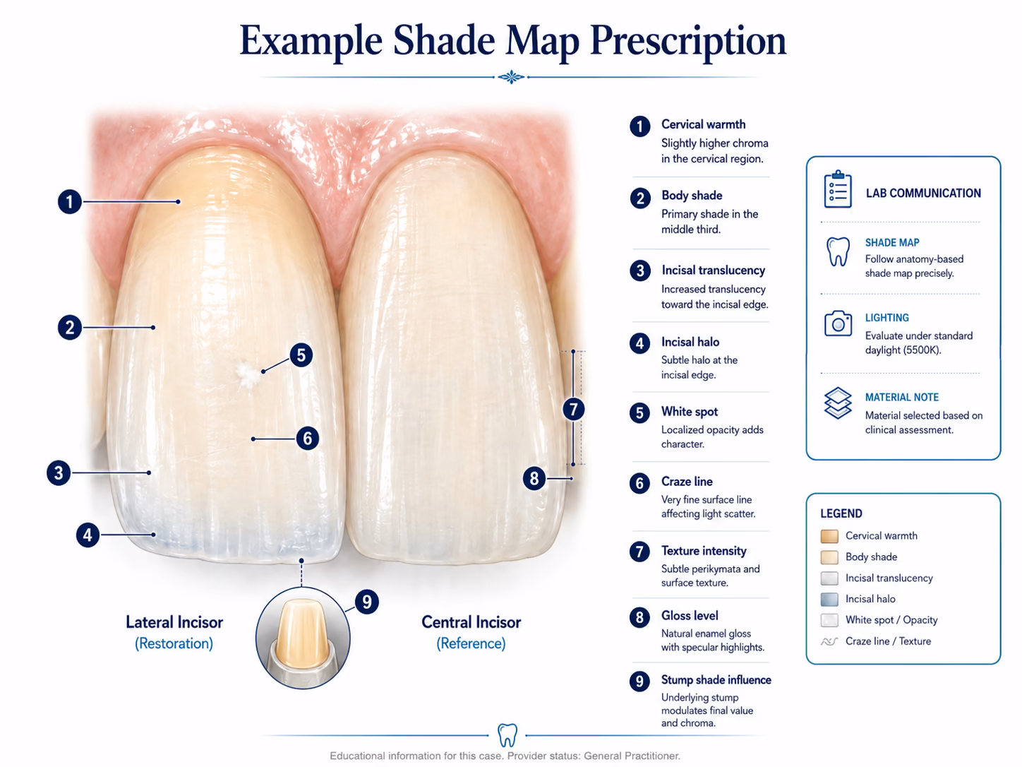 Example shade map prescription diagram with labelled optical features for laboratory communication.