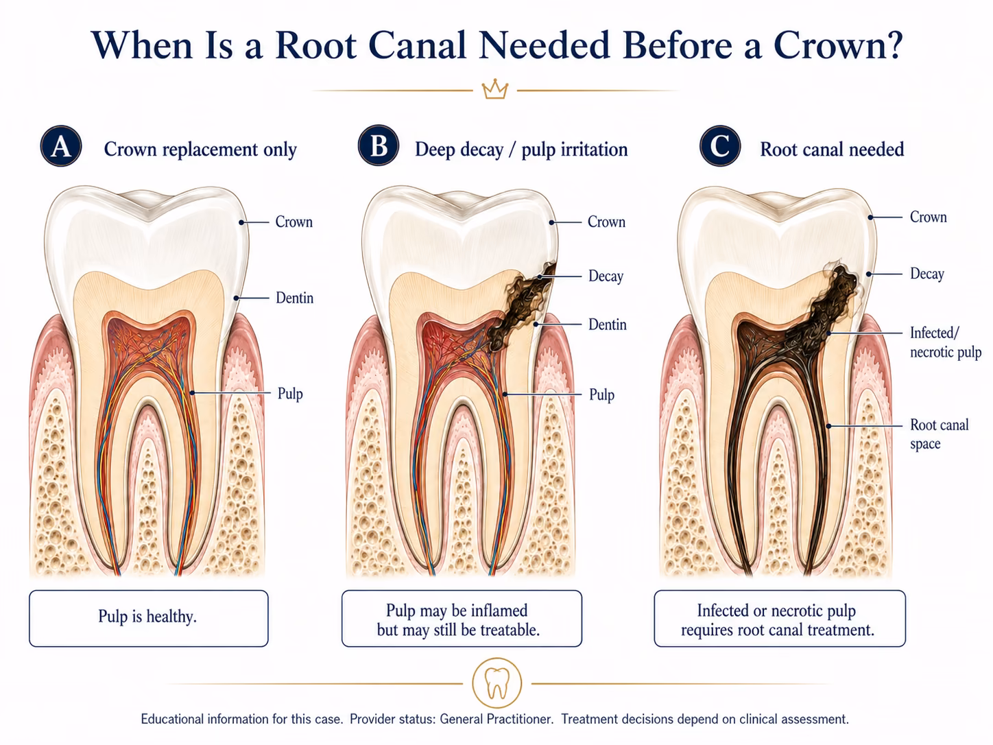 Diagram comparing three scenarios for whether a root canal is needed before a crown: healthy pulp, treatable pulp irritation, and infected or necrotic pulp.