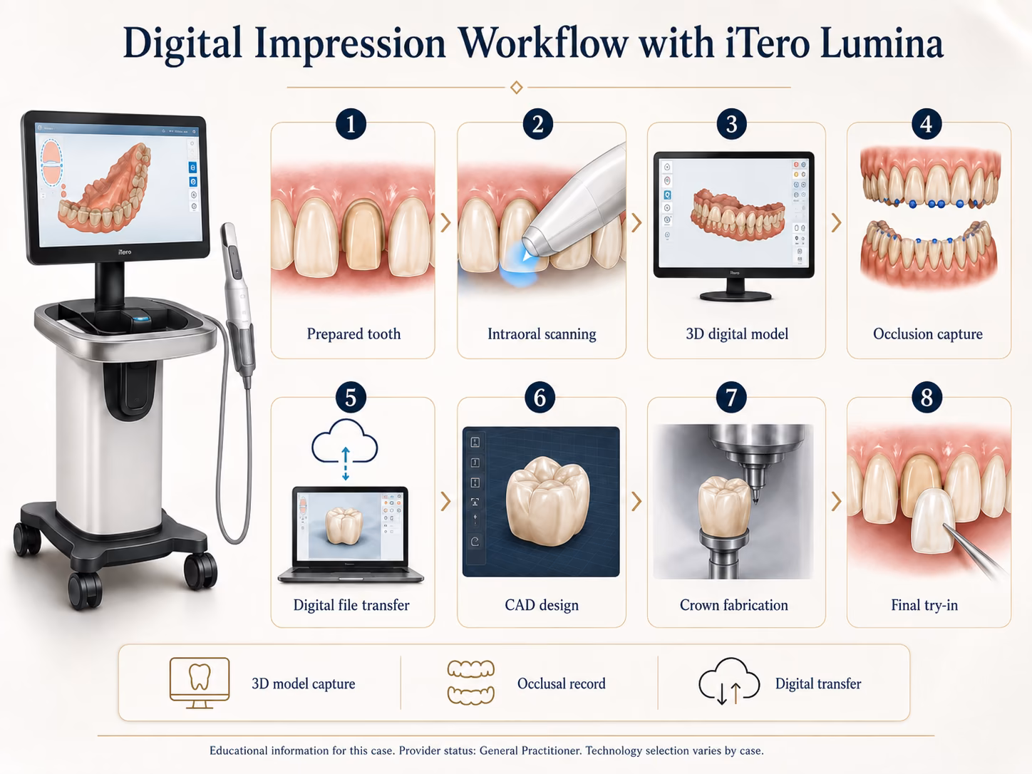 Diagram of the digital impression workflow: prepared tooth, intraoral scanning, three-dimensional model, occlusion capture, digital transfer, CAD design, crown fabrication and try-in.