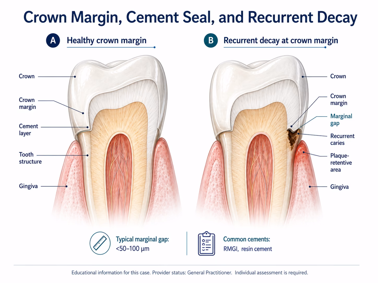 Cross-section diagram of a crowned tooth showing the crown margin, the cement layer, and the point where recurrent decay develops in the natural tooth.