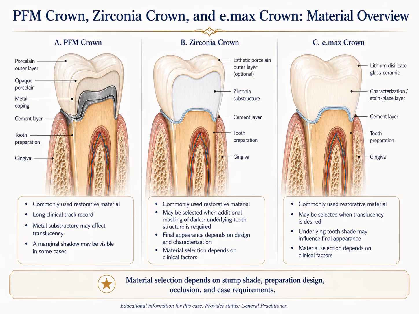 Diagram comparing porcelain-fused-to-metal, zirconia and lithium disilicate crown constructions in cross-section.