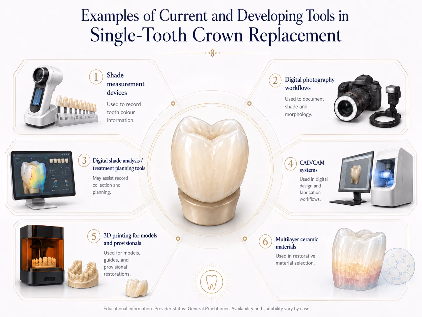 Diagram of current and developing tools in single-tooth crown replacement: shade measurement devices, digital photography, digital shade analysis, CAD/CAM systems, 3D printing and multilayer ceramics.
