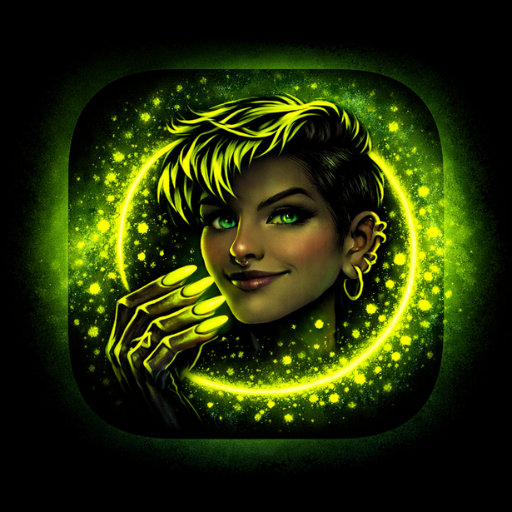 Stylized portrait of a person with short green and black hair, glowing green eyes, and neon green nails.