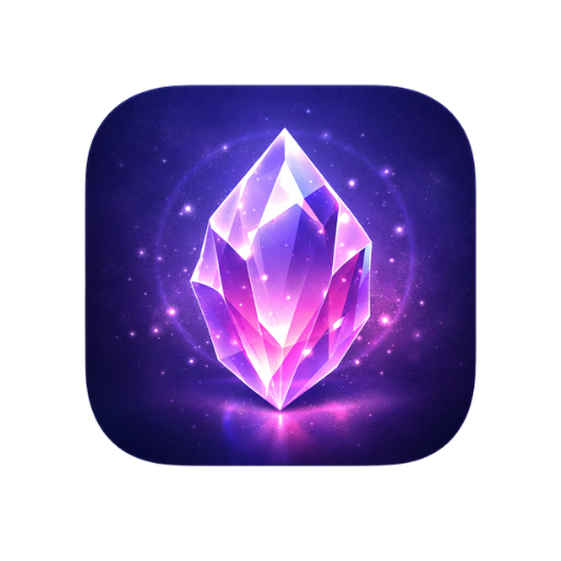 Shiny purple crystal with glowing light and sparkles on a dark blue background.