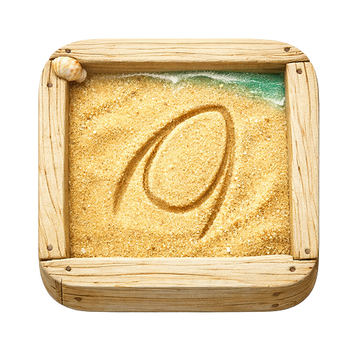 Wooden frame containing sand with number 9 drawn in it and a small seashell in the corner.