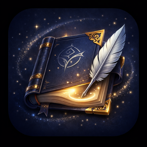 An ornate dark book with gold edges and a glowing quill pen surrounded by sparkles and a starry background.
