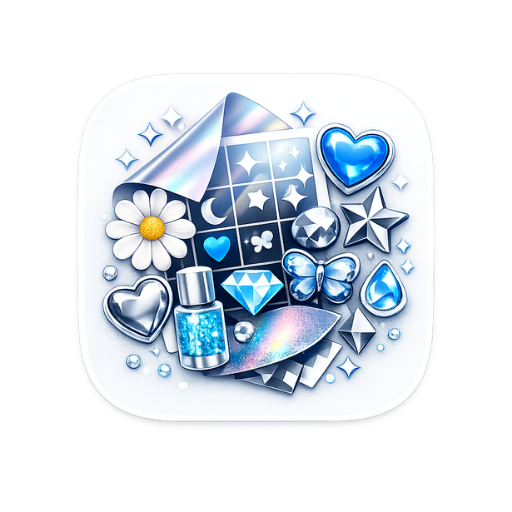 Compilation of shiny blue, silver, and white objects including gems, a daisy, butterfly, and a nail polish bottle.