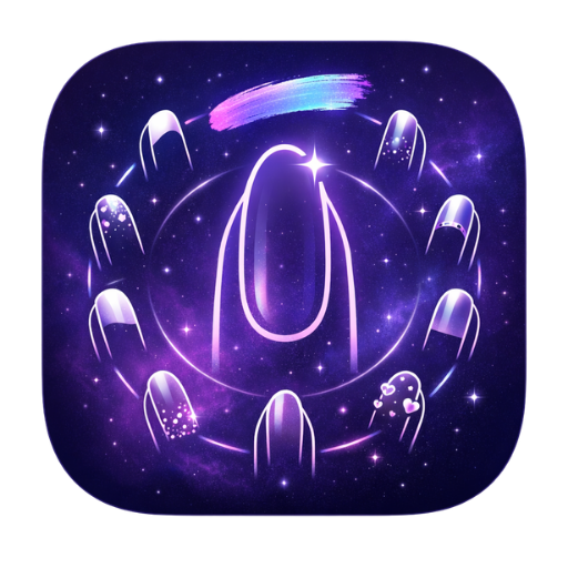 Circular arrangement of stylized purple and white fingernails with various manicure designs on a starry background.