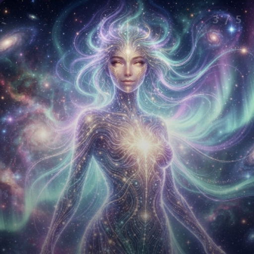 Ethereal female figure glowing with cosmic light and stars against a galactic background.