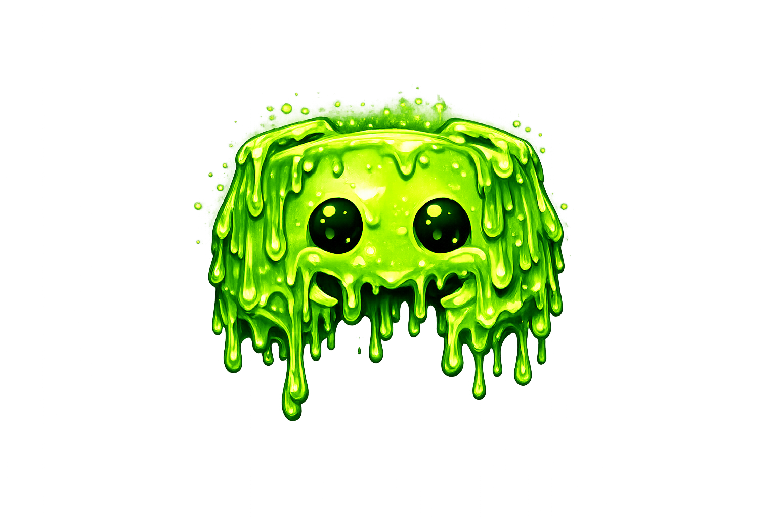 Glowing green slime creature with big black eyes dripping goo against a gray background.