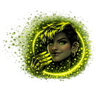 Stylized female face with asymmetric hairstyle in glowing yellow ring with particle effects.
