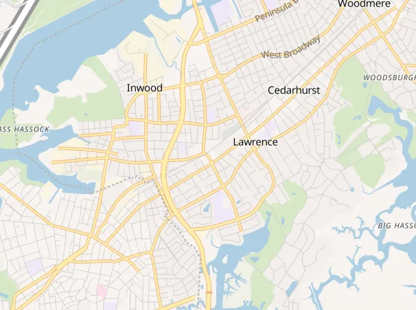 Map showing neighborhoods Inwood, Cedarhurst, Lawrence, and Woodmere with roads and waterways.